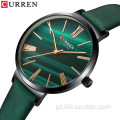 CURREN 9076 charme feminino relógios de pulso de couro pequeno mostrador verde relógio de quartzo presente de luxo para esposa vestido namorada vestido feminino relógio